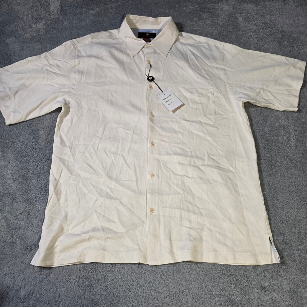 Toscano Mens Large Short Sleeve Button Down Shirt Seashell Silk Textured Stripe